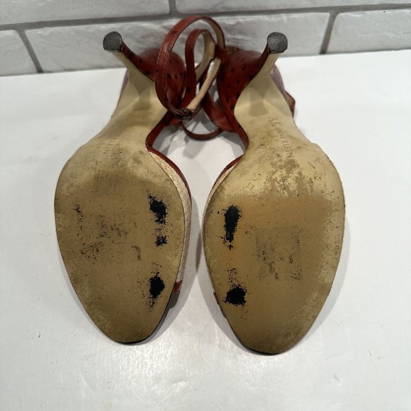 Anne Klein Women 7. 5M Straw Weave Open Toe Ankle Strap Heels Maroon Leather‎ - Picture 7 of 9